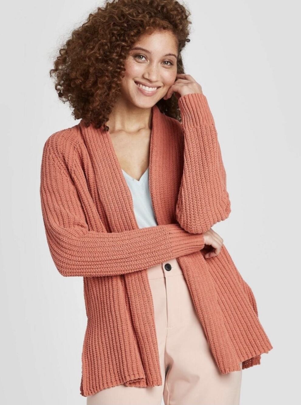 A New Day Chenille Chunky Knit Cardigan Sweater Large Pink Coral Open Front